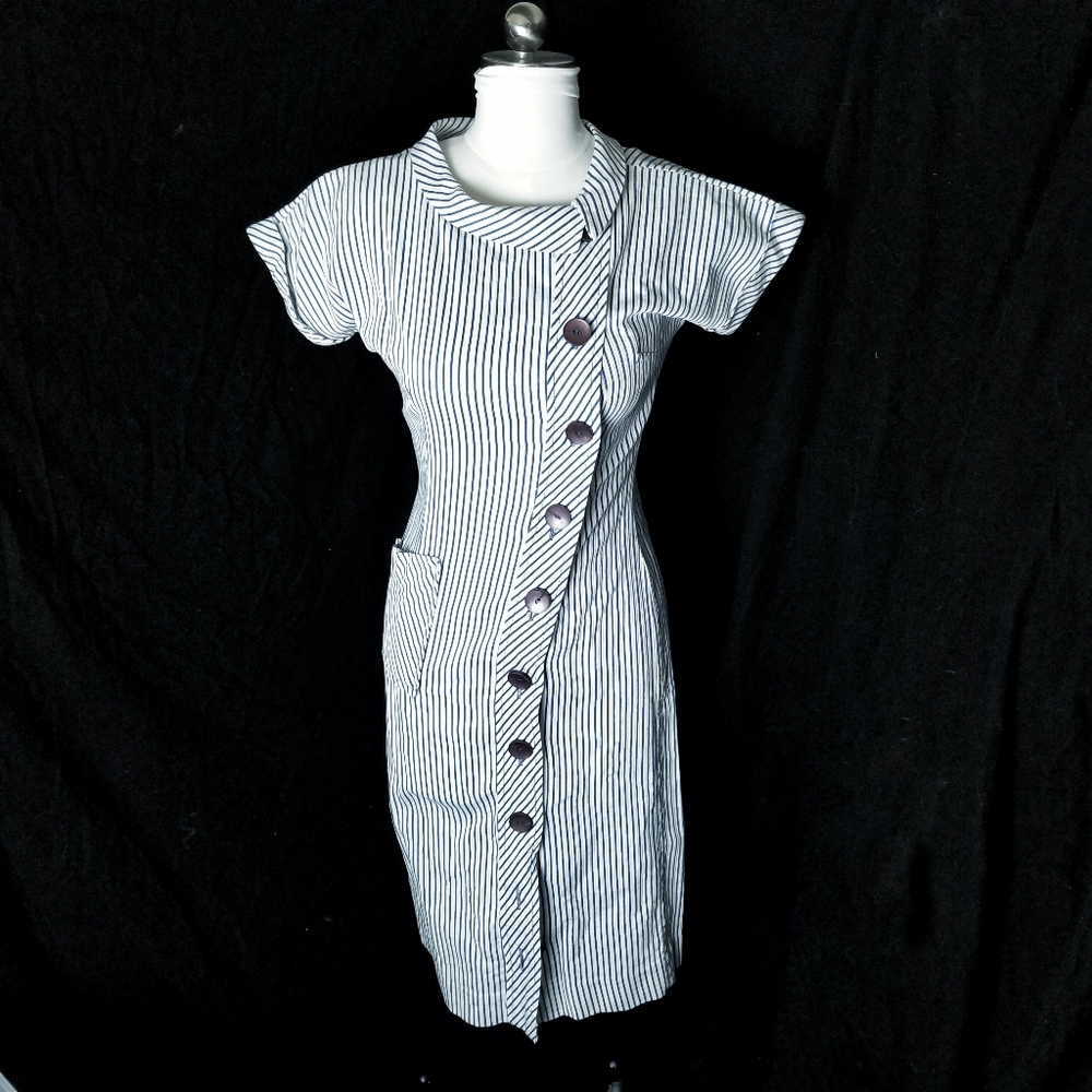 Vintage 50s/60s Asymmetric Blue and White Pinstripe Wiggle Dress